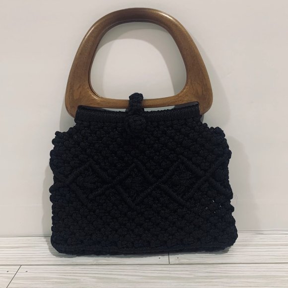 Handmade Black Macrame Faux Wooden Handle Bag New - Picture 1 of 10